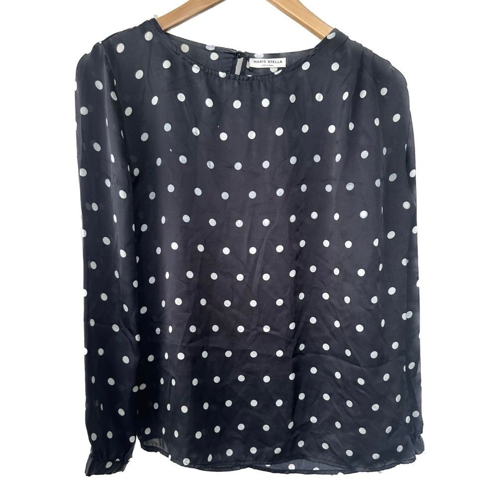 Maris Stella Silk Polka Dot Scoop Neck Long Cuff Sleeves Prairie Blouse Top L